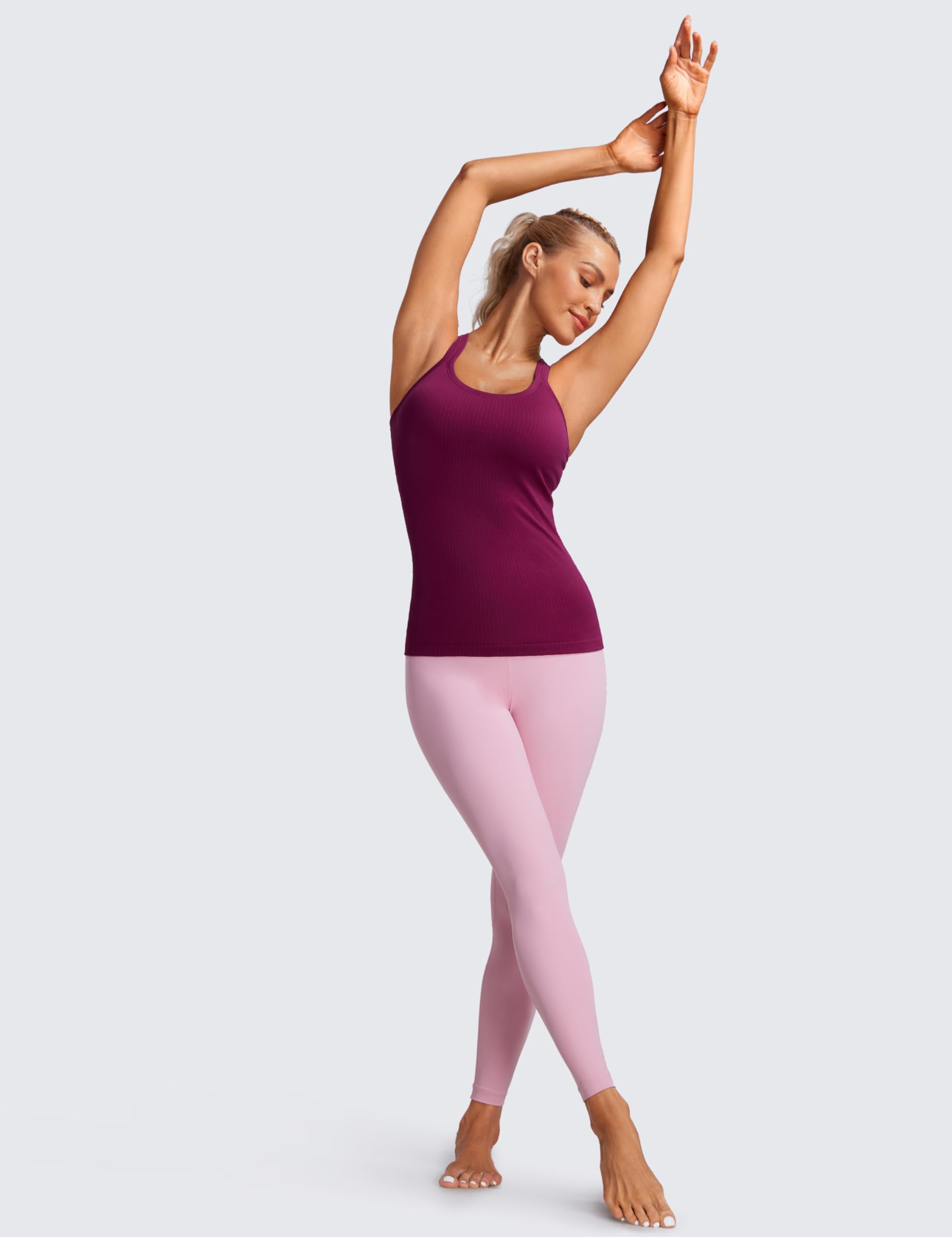 Womens Seamless Ribbed Racerback Tank Tops with Built in Bra - Padded Scoop Neck Slimming Athletic Long Camisole