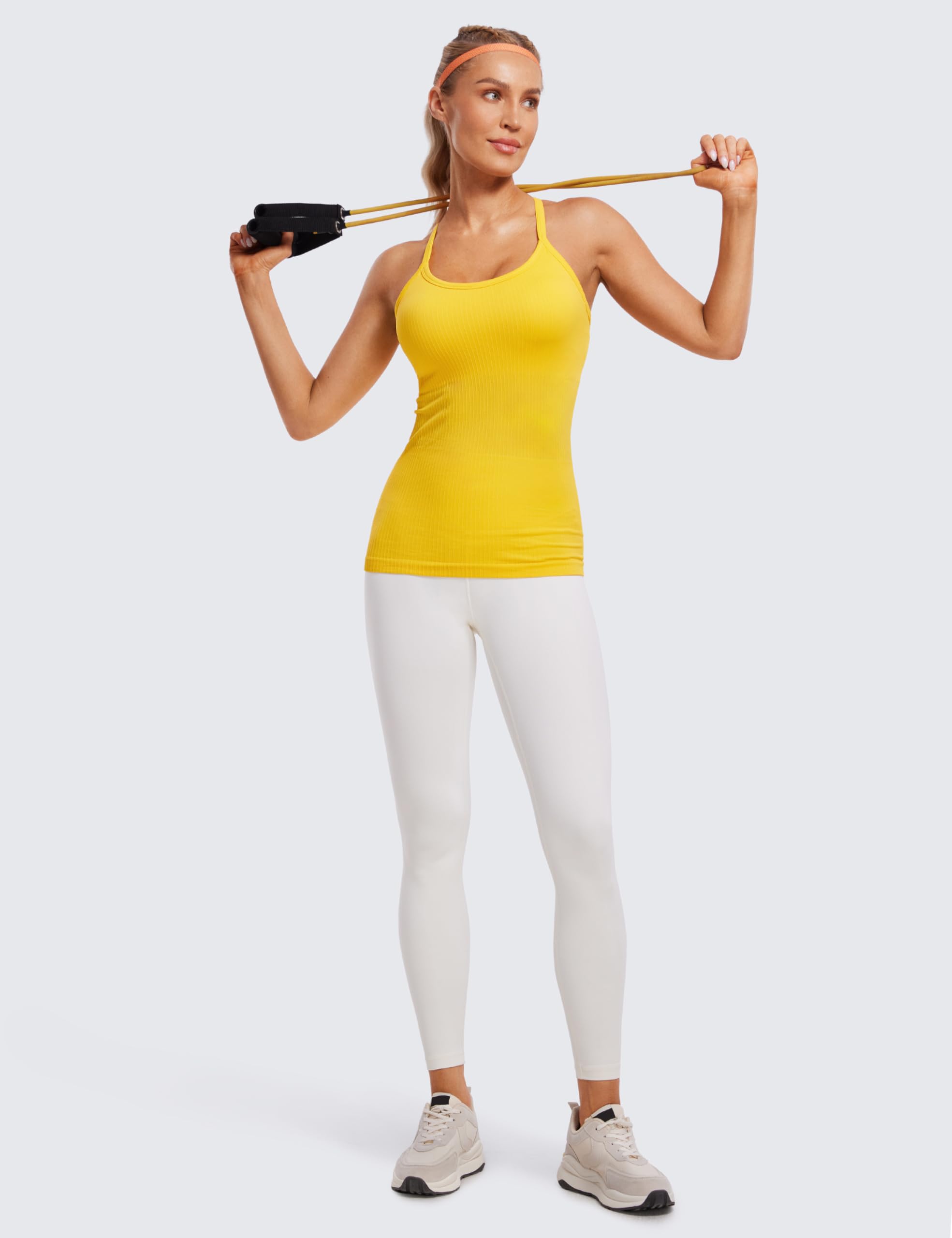Womens Seamless Ribbed Racerback Tank Tops with Built in Bra - Padded Scoop Neck Slimming Athletic Long Camisole