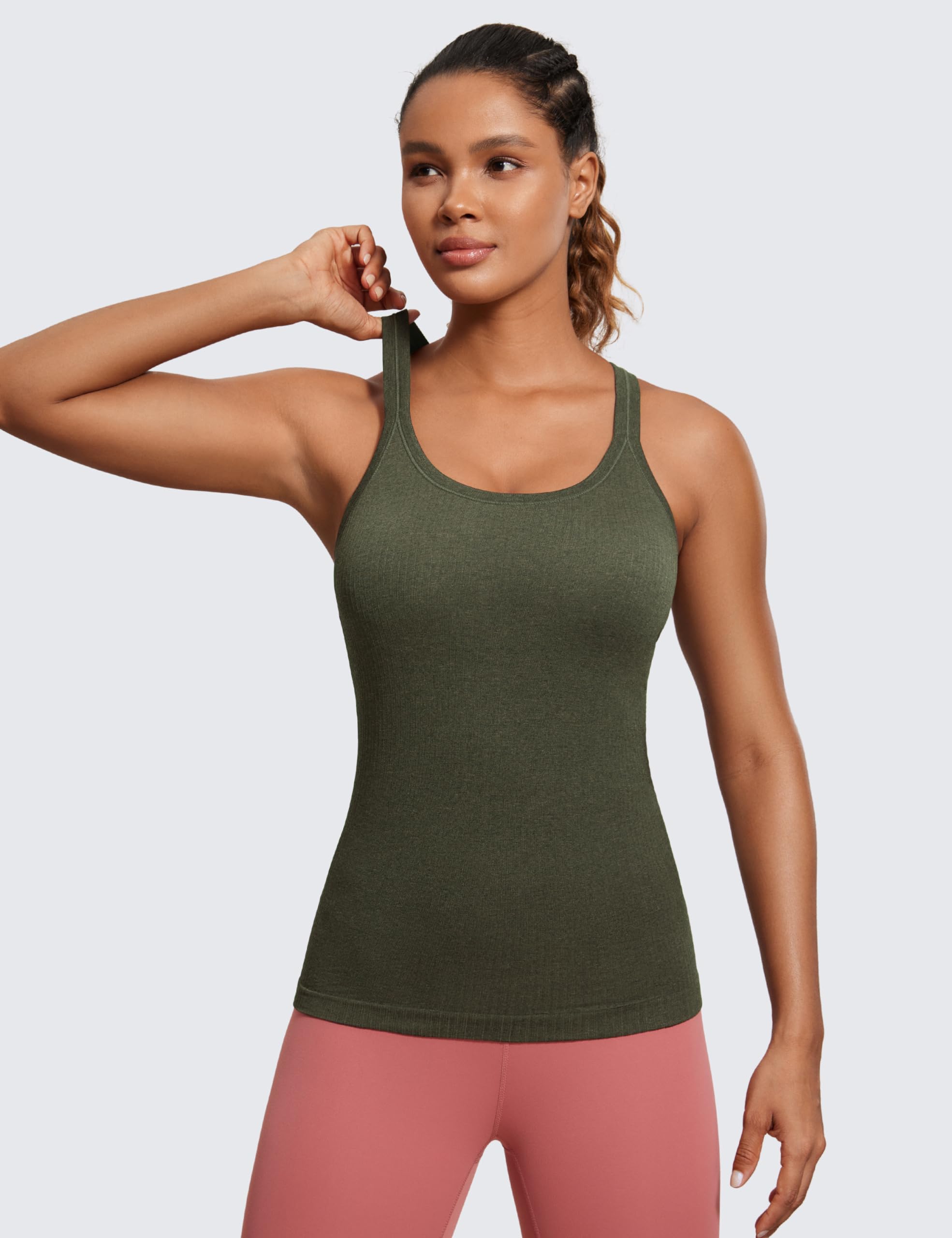 Womens Seamless Ribbed Racerback Tank Tops with Built in Bra - Padded Scoop Neck Slimming Athletic Long Camisole