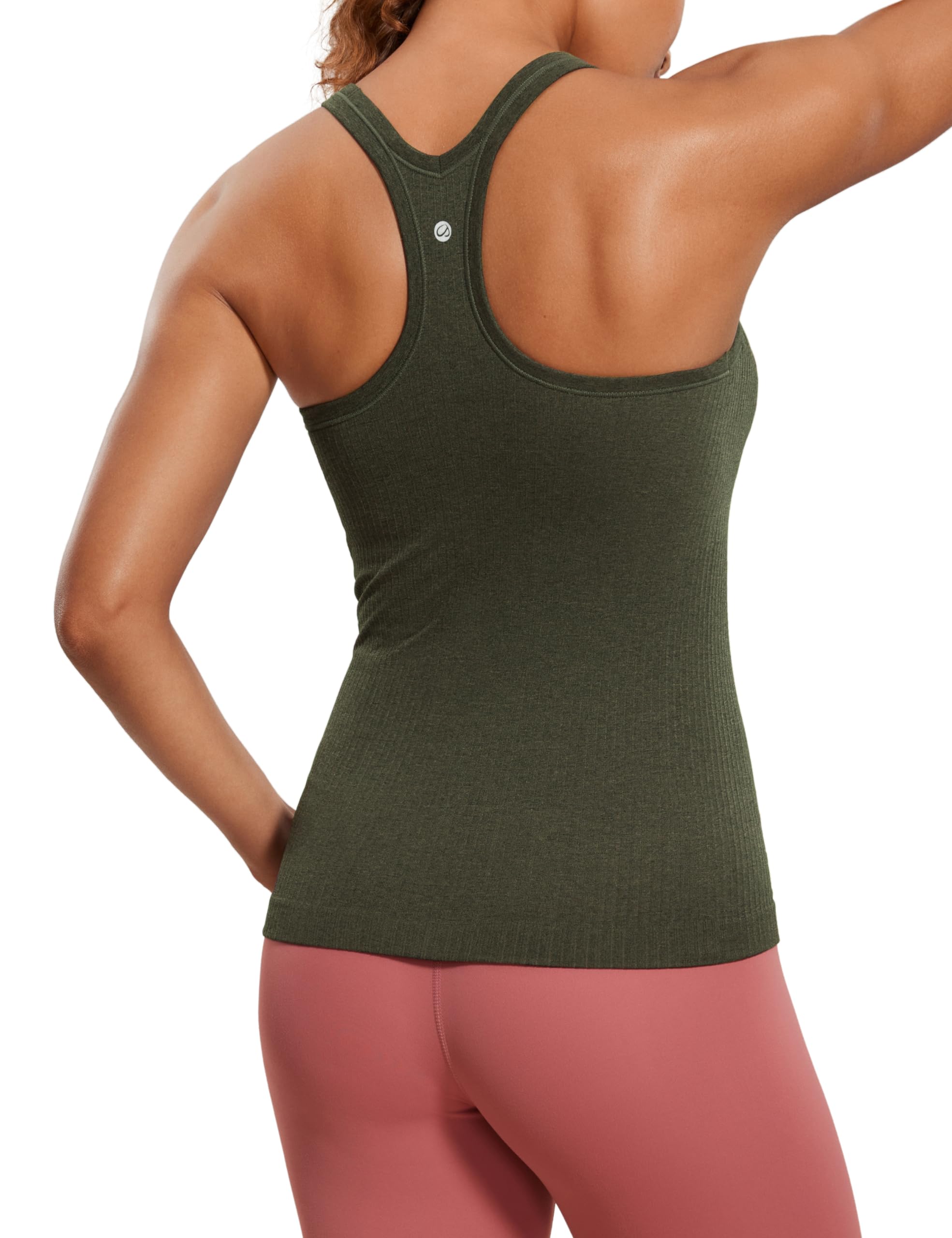 Womens Seamless Ribbed Racerback Tank Tops with Built in Bra - Padded Scoop Neck Slimming Athletic Long Camisole