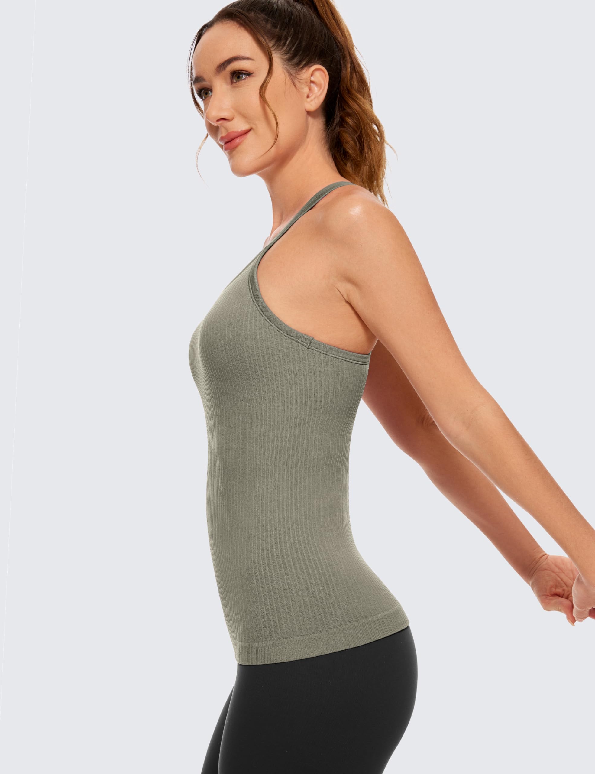 Womens Seamless Ribbed Racerback Tank Tops with Built in Bra - Padded Scoop Neck Slimming Athletic Long Camisole