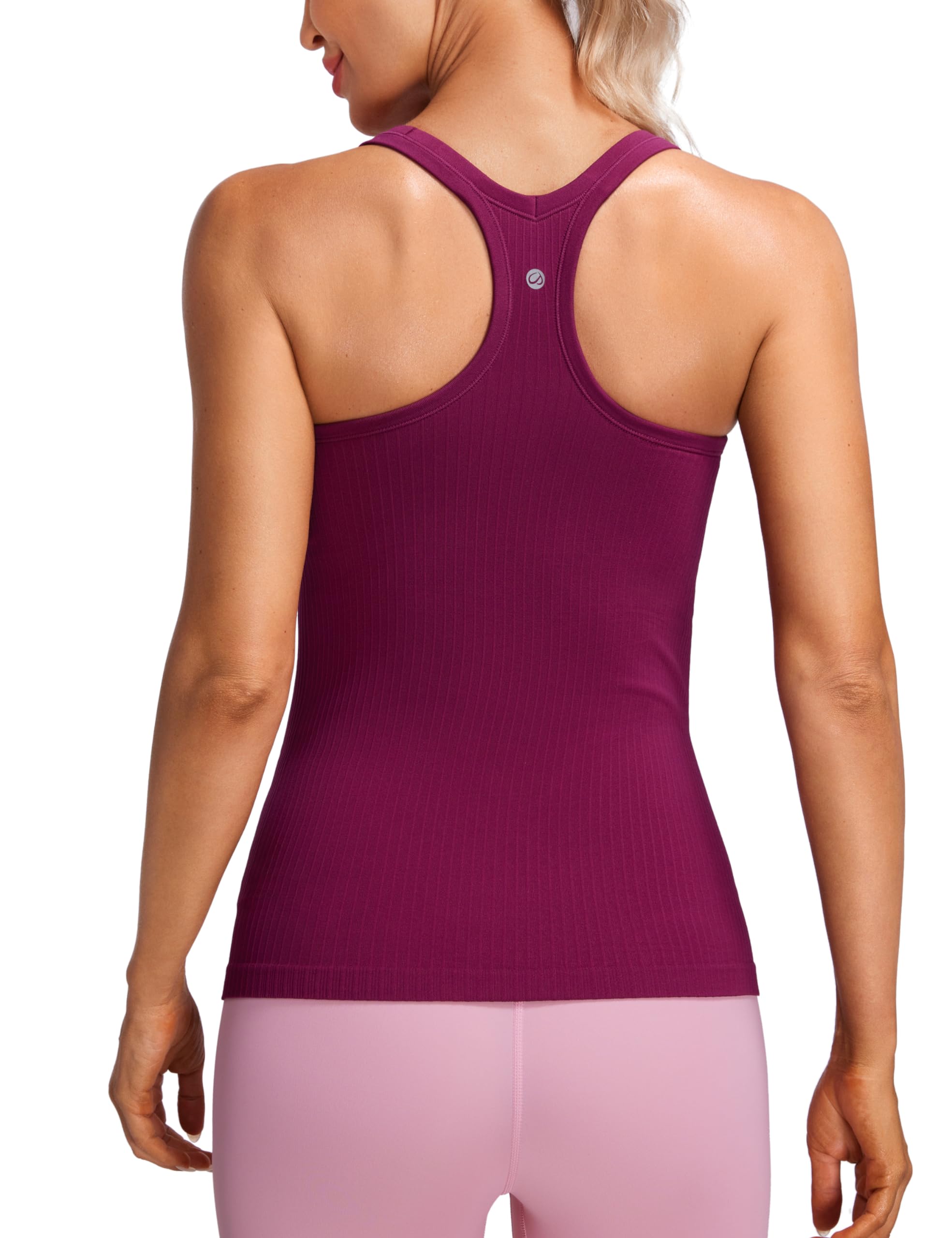 Womens Seamless Ribbed Racerback Tank Tops with Built in Bra - Padded Scoop Neck Slimming Athletic Long Camisole
