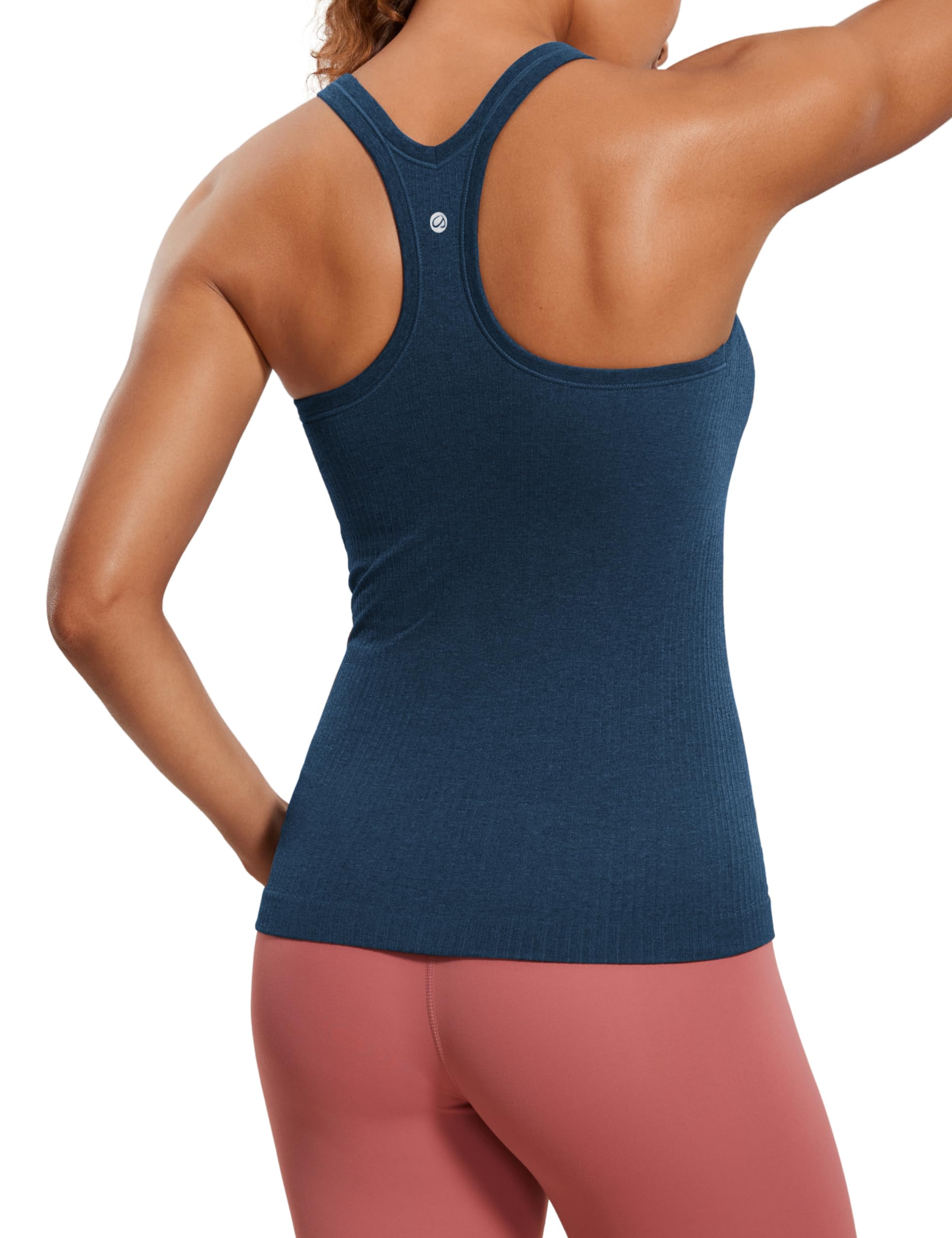 Womens Seamless Ribbed Racerback Tank Tops with Built in Bra - Padded Scoop Neck Slimming Athletic Long Camisole