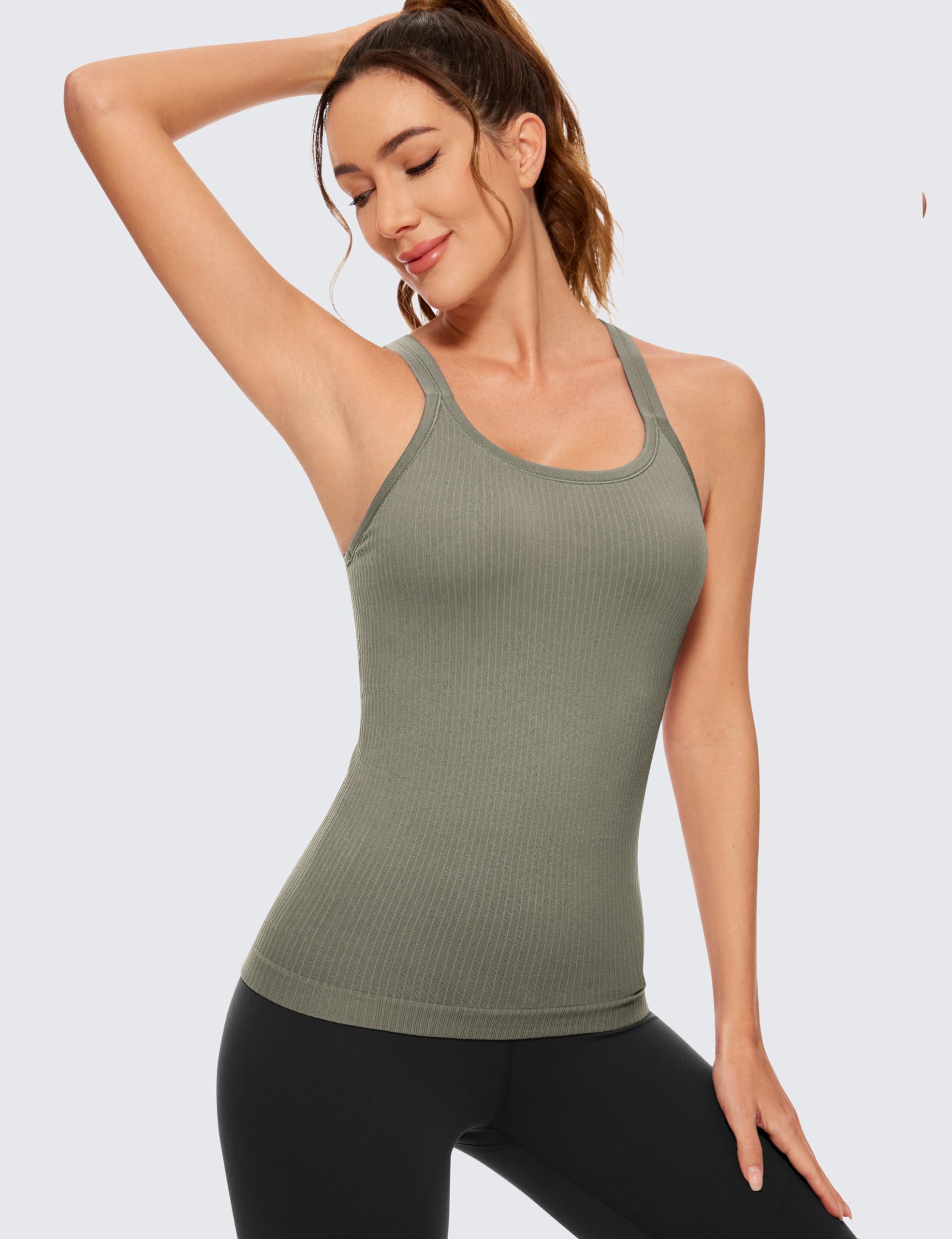 Womens Seamless Ribbed Racerback Tank Tops with Built in Bra - Padded Scoop Neck Slimming Athletic Long Camisole