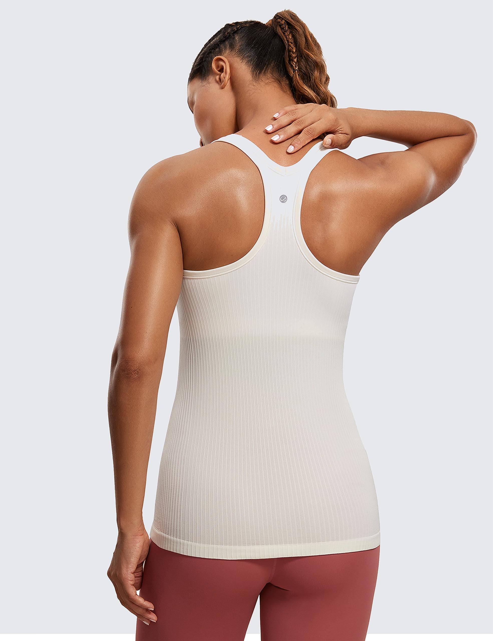 Womens Seamless Ribbed Racerback Tank Tops with Built in Bra - Padded Scoop Neck Slimming Athletic Long Camisole