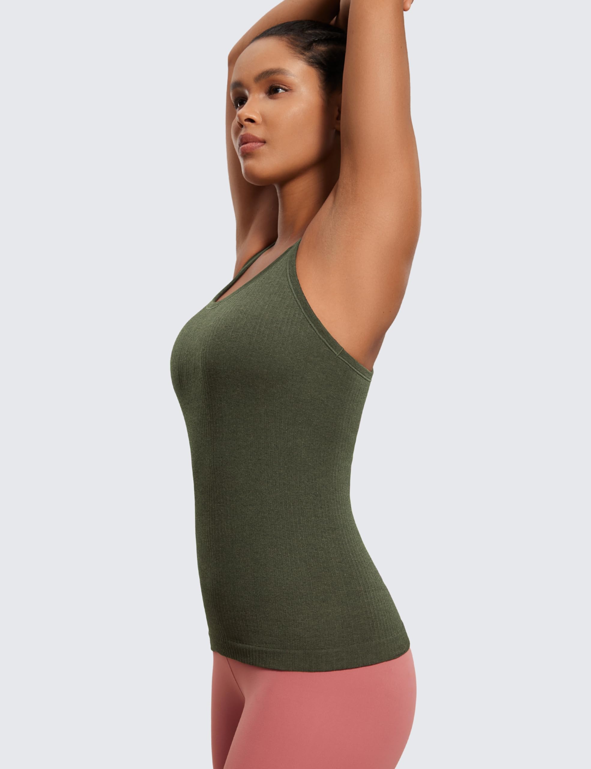 Womens Seamless Ribbed Racerback Tank Tops with Built in Bra - Padded Scoop Neck Slimming Athletic Long Camisole