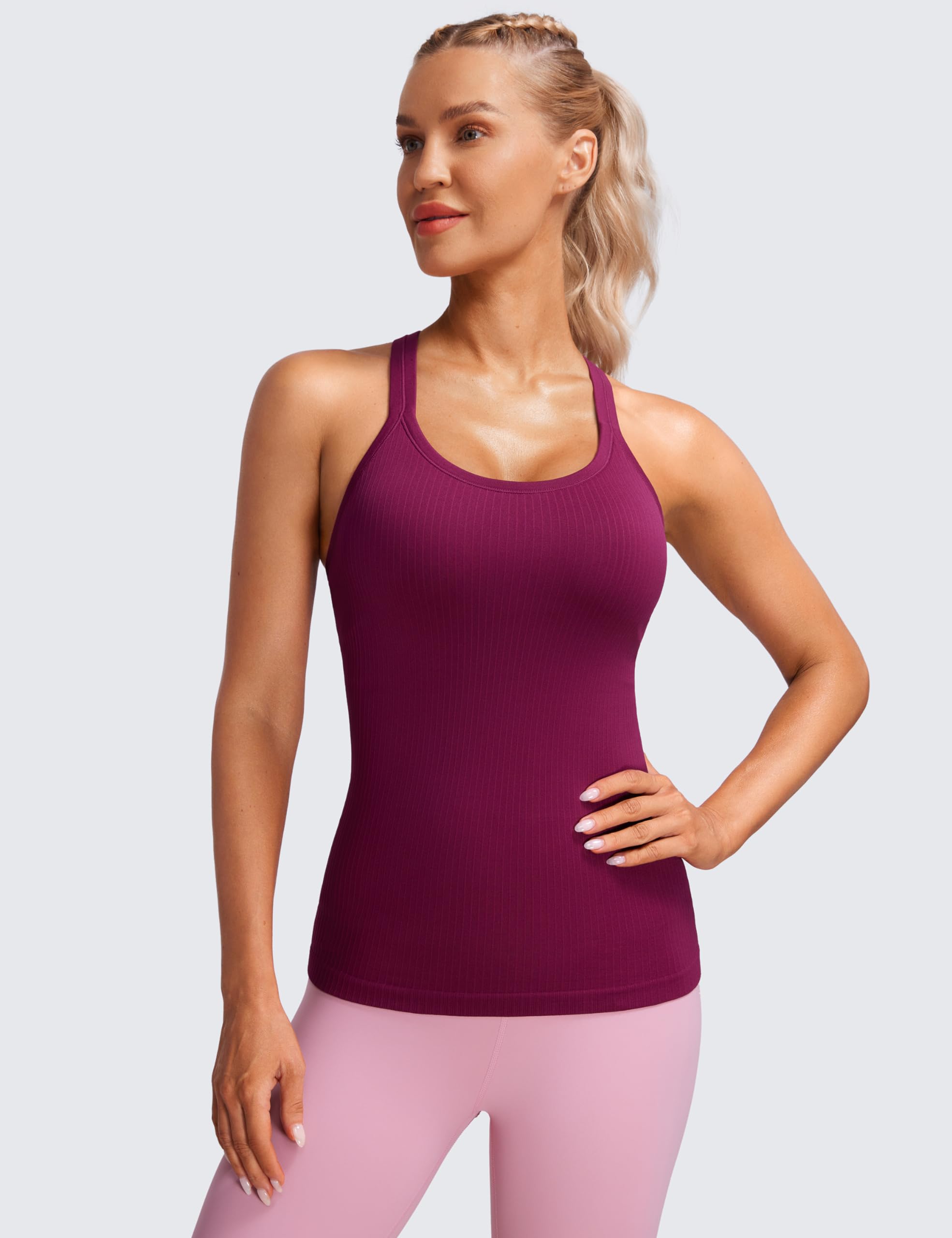 Womens Seamless Ribbed Racerback Tank Tops with Built in Bra - Padded Scoop Neck Slimming Athletic Long Camisole