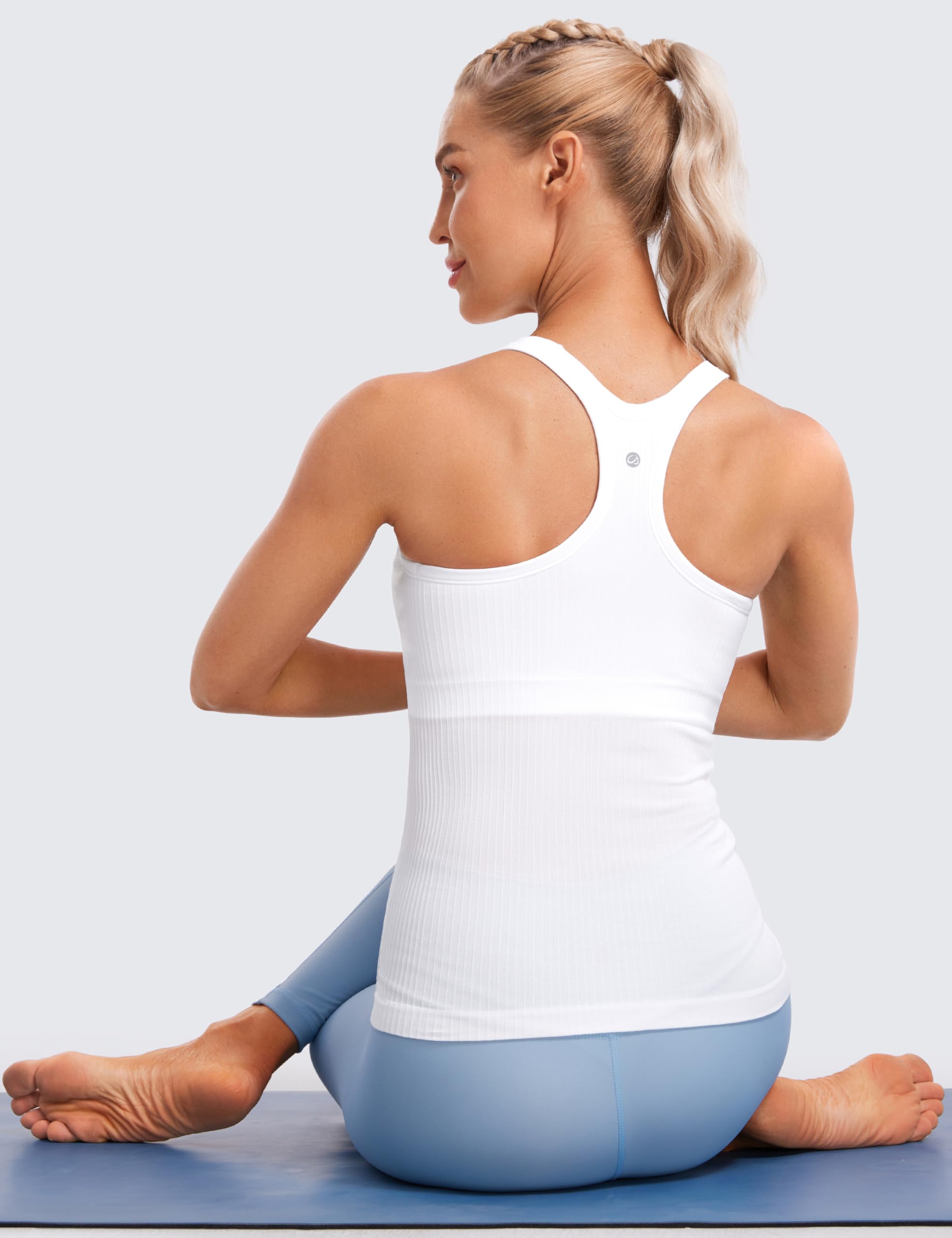 Womens Seamless Ribbed Racerback Tank Tops with Built in Bra - Padded Scoop Neck Slimming Athletic Long Camisole
