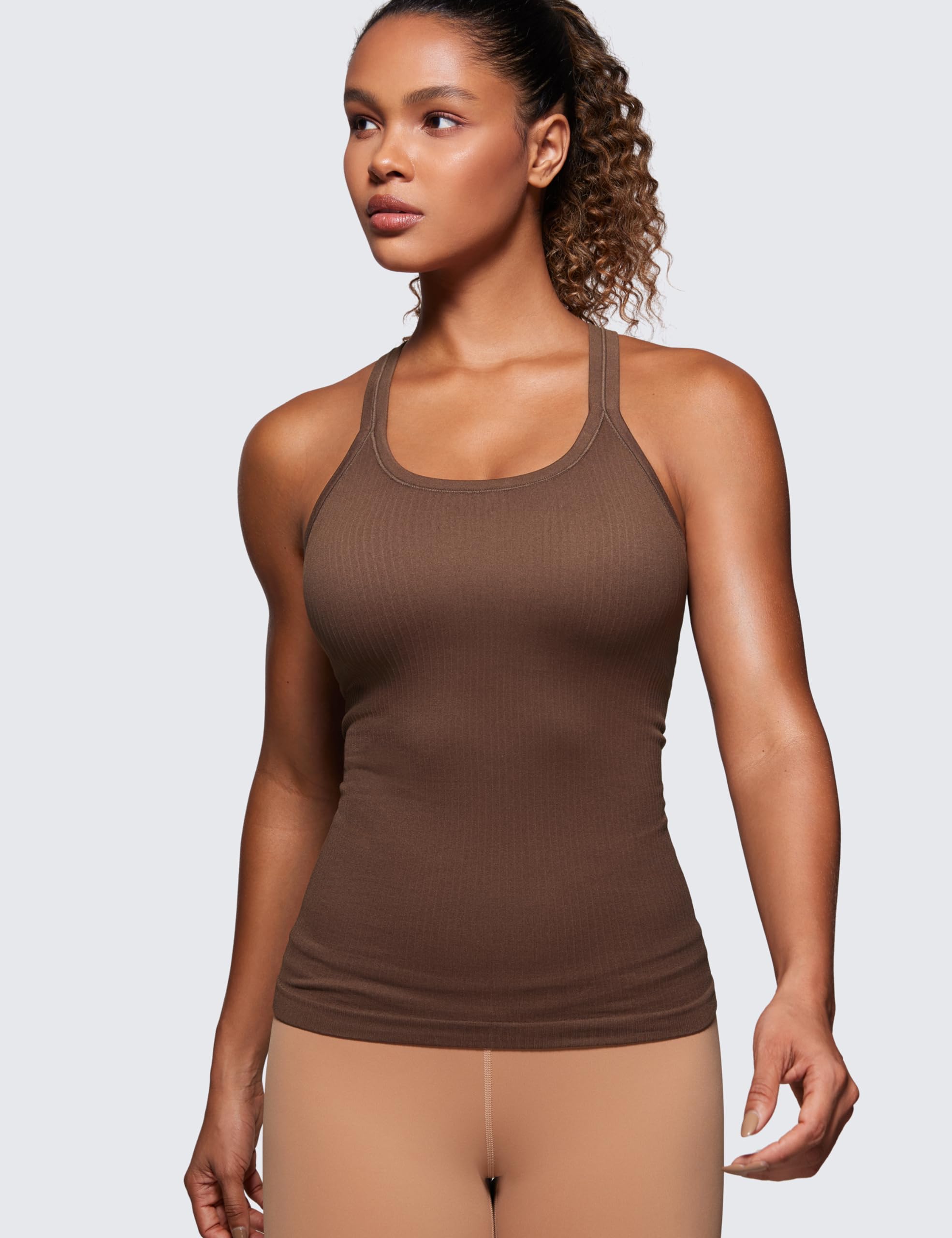 Womens Seamless Ribbed Racerback Tank Tops with Built in Bra - Padded Scoop Neck Slimming Athletic Long Camisole