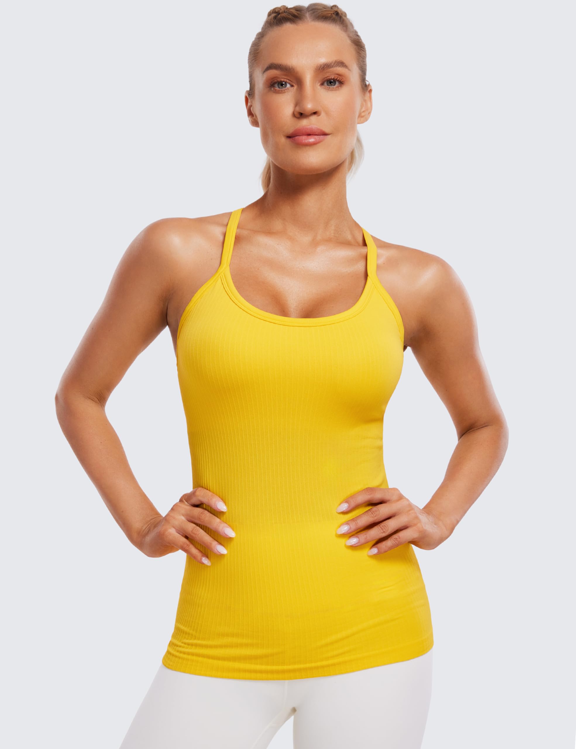 Womens Seamless Ribbed Racerback Tank Tops with Built in Bra - Padded Scoop Neck Slimming Athletic Long Camisole