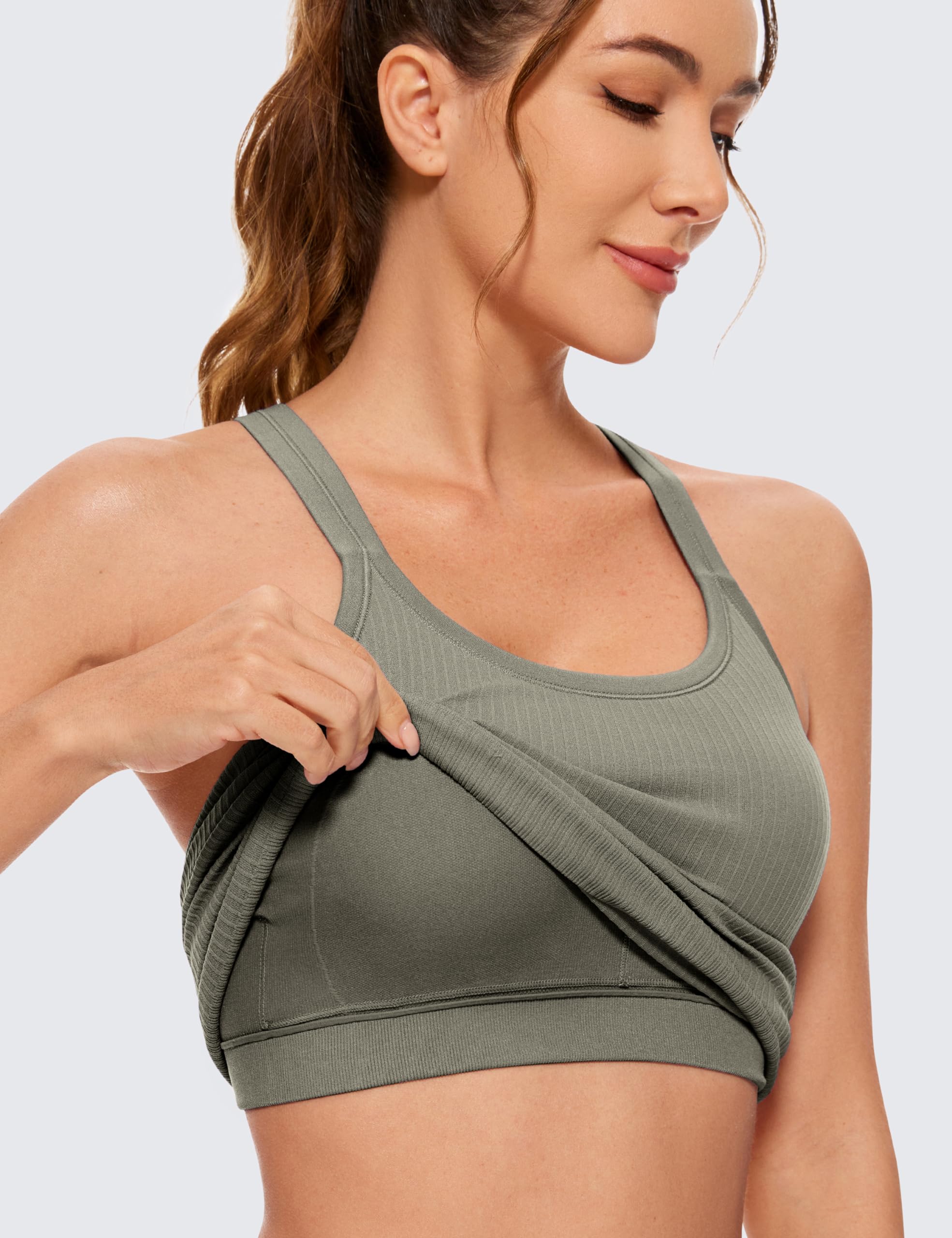 Womens Seamless Ribbed Racerback Tank Tops with Built in Bra - Padded Scoop Neck Slimming Athletic Long Camisole
