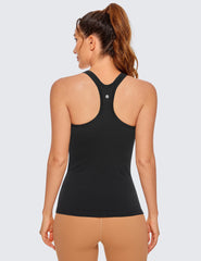 Womens Seamless Ribbed Racerback Tank Tops with Built in Bra - Padded Scoop Neck Slimming Athletic Long Camisole