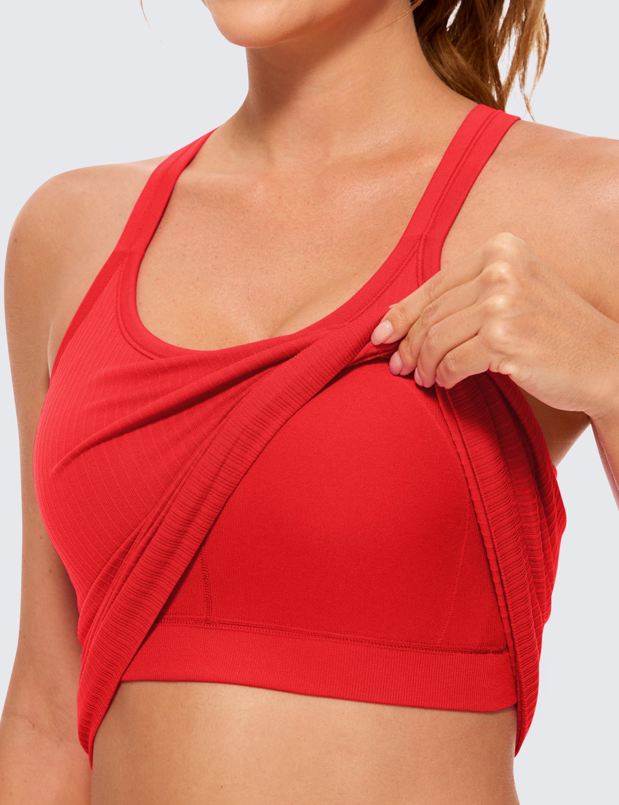 Womens Seamless Ribbed Racerback Tank Tops with Built in Bra - Padded Scoop Neck Slimming Athletic Long Camisole