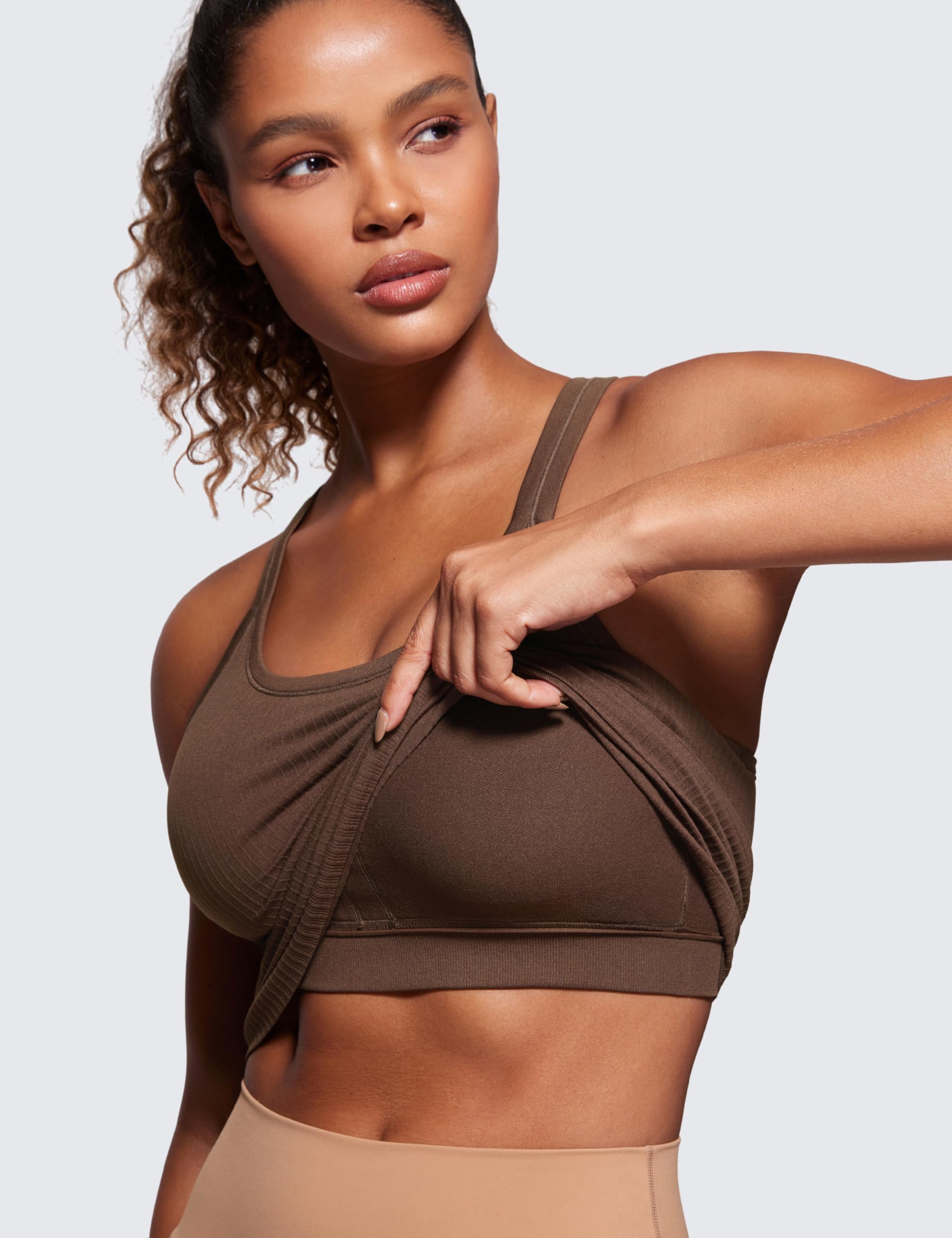 Womens Seamless Ribbed Racerback Tank Tops with Built in Bra - Padded Scoop Neck Slimming Athletic Long Camisole