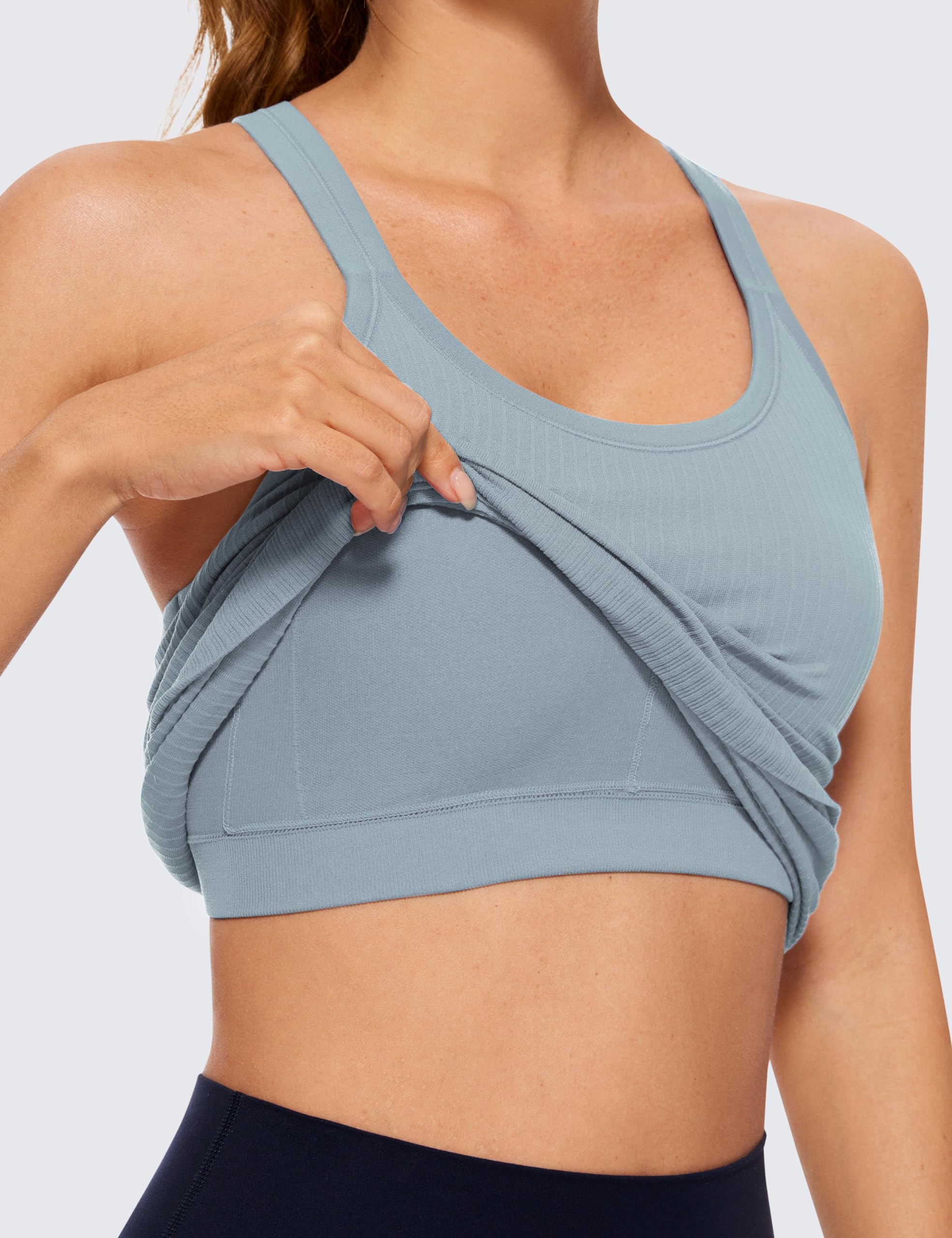 Womens Seamless Ribbed Racerback Tank Tops with Built in Bra - Padded Scoop Neck Slimming Athletic Long Camisole