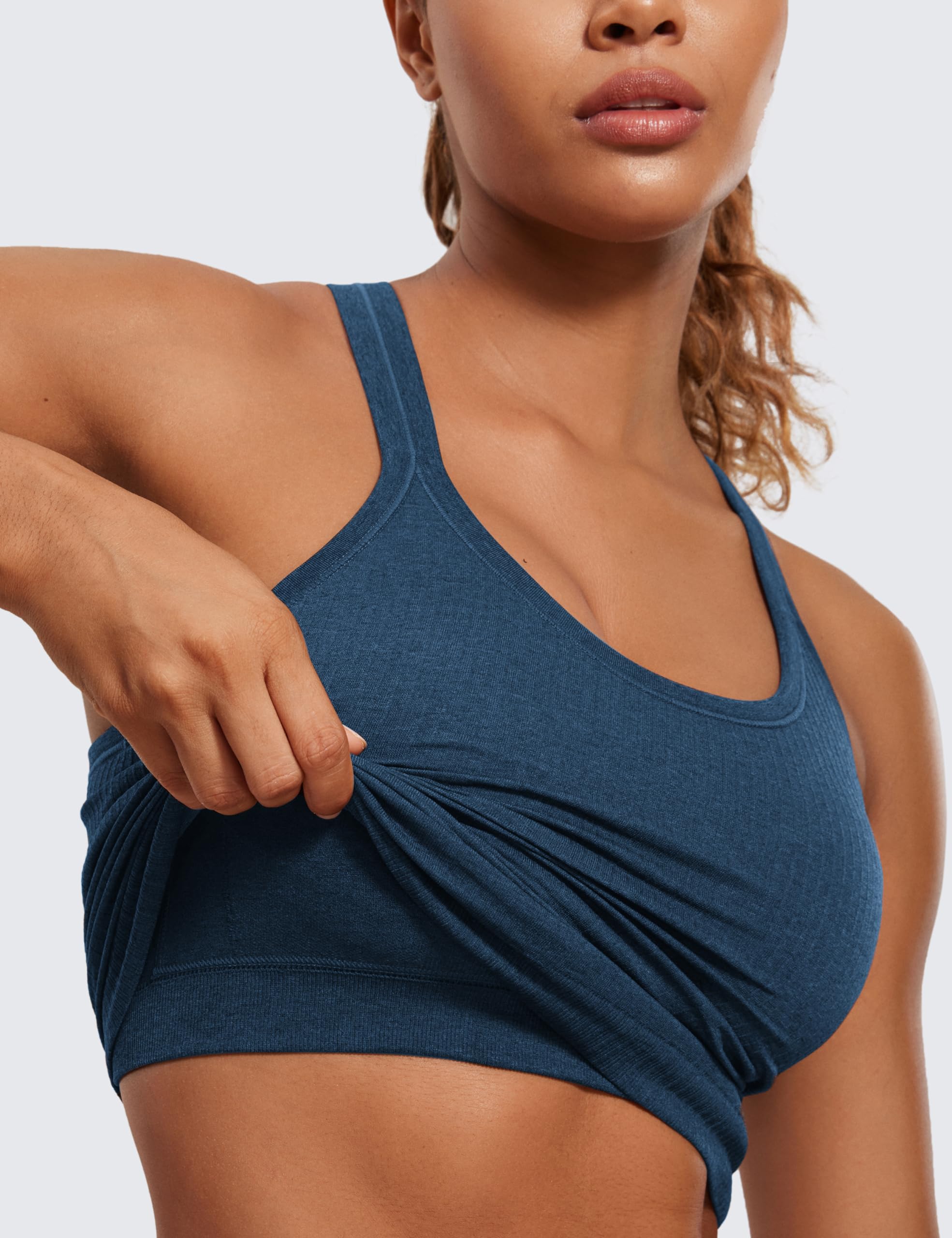 Womens Seamless Ribbed Racerback Tank Tops with Built in Bra - Padded Scoop Neck Slimming Athletic Long Camisole