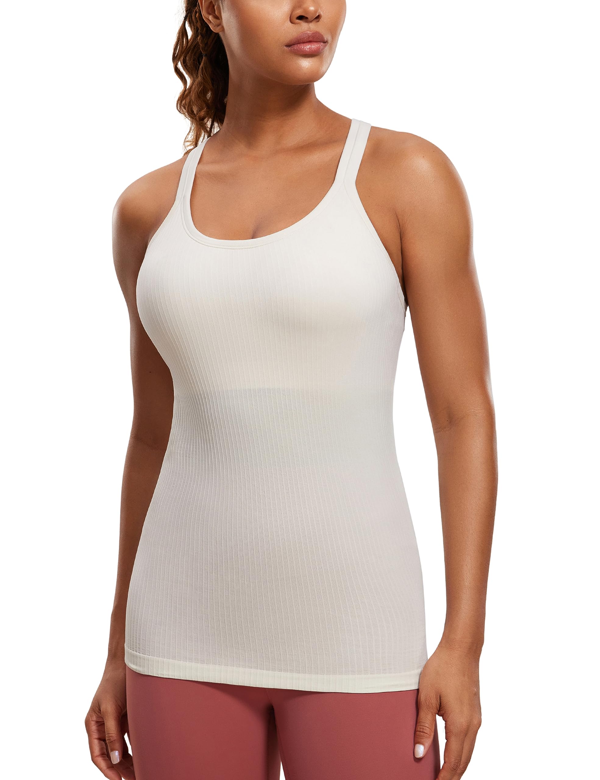 Womens Seamless Ribbed Racerback Tank Tops with Built in Bra - Padded Scoop Neck Slimming Athletic Long Camisole