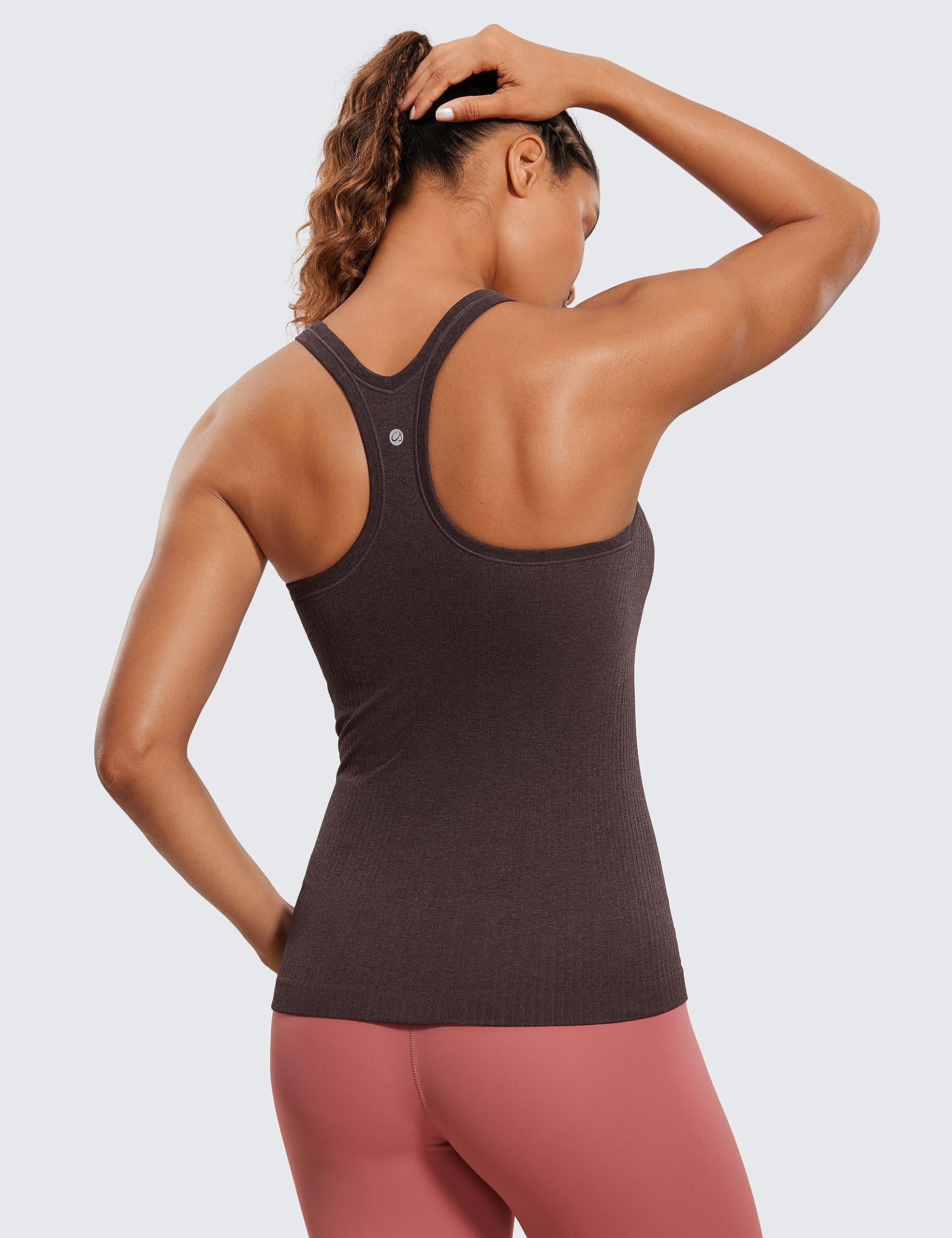 Womens Seamless Ribbed Racerback Tank Tops with Built in Bra - Padded Scoop Neck Slimming Athletic Long Camisole