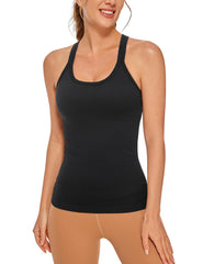 Womens Seamless Ribbed Racerback Tank Tops with Built in Bra - Padded Scoop Neck Slimming Athletic Long Camisole