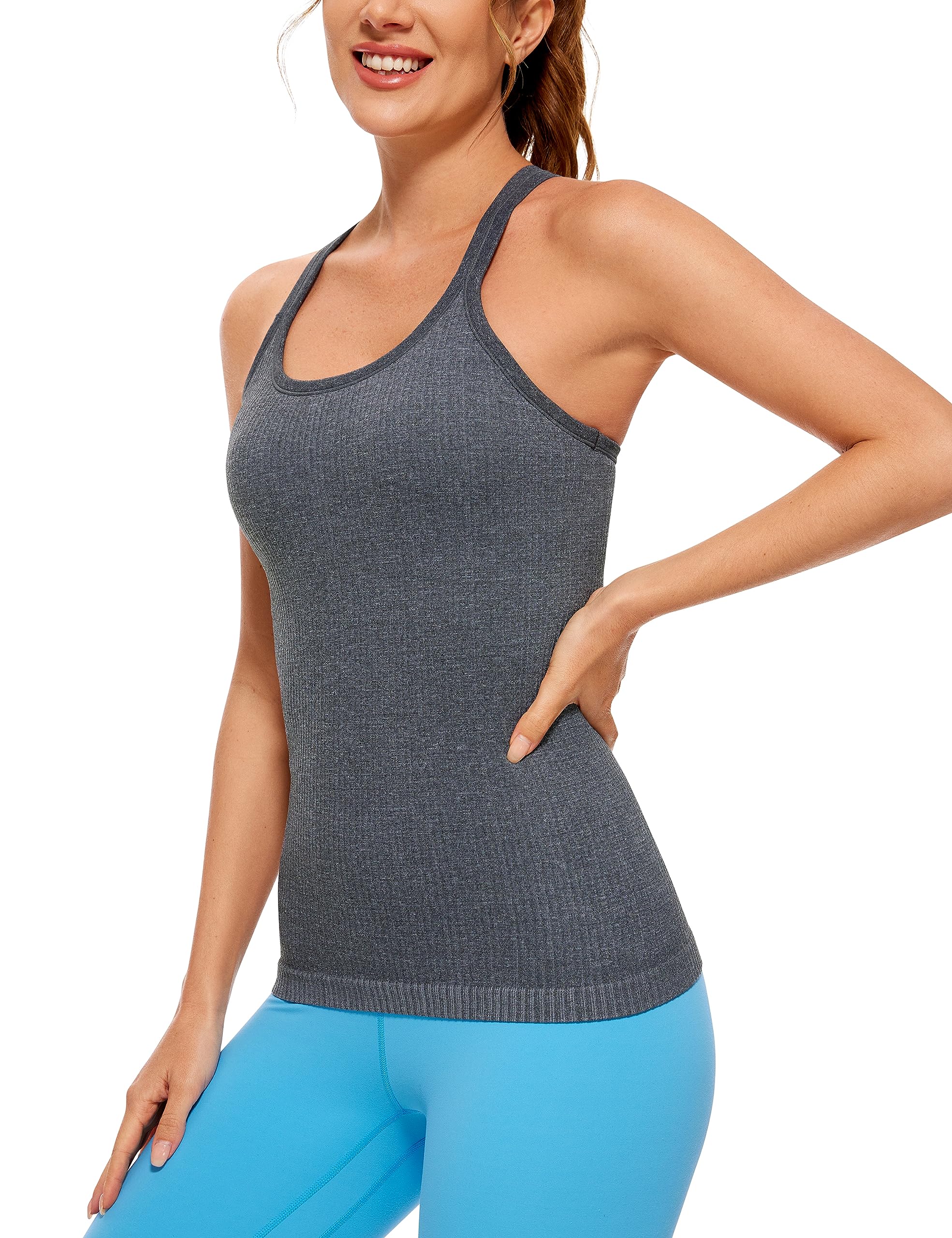 Womens Seamless Ribbed Racerback Tank Tops with Built in Bra - Padded Scoop Neck Slimming Athletic Long Camisole