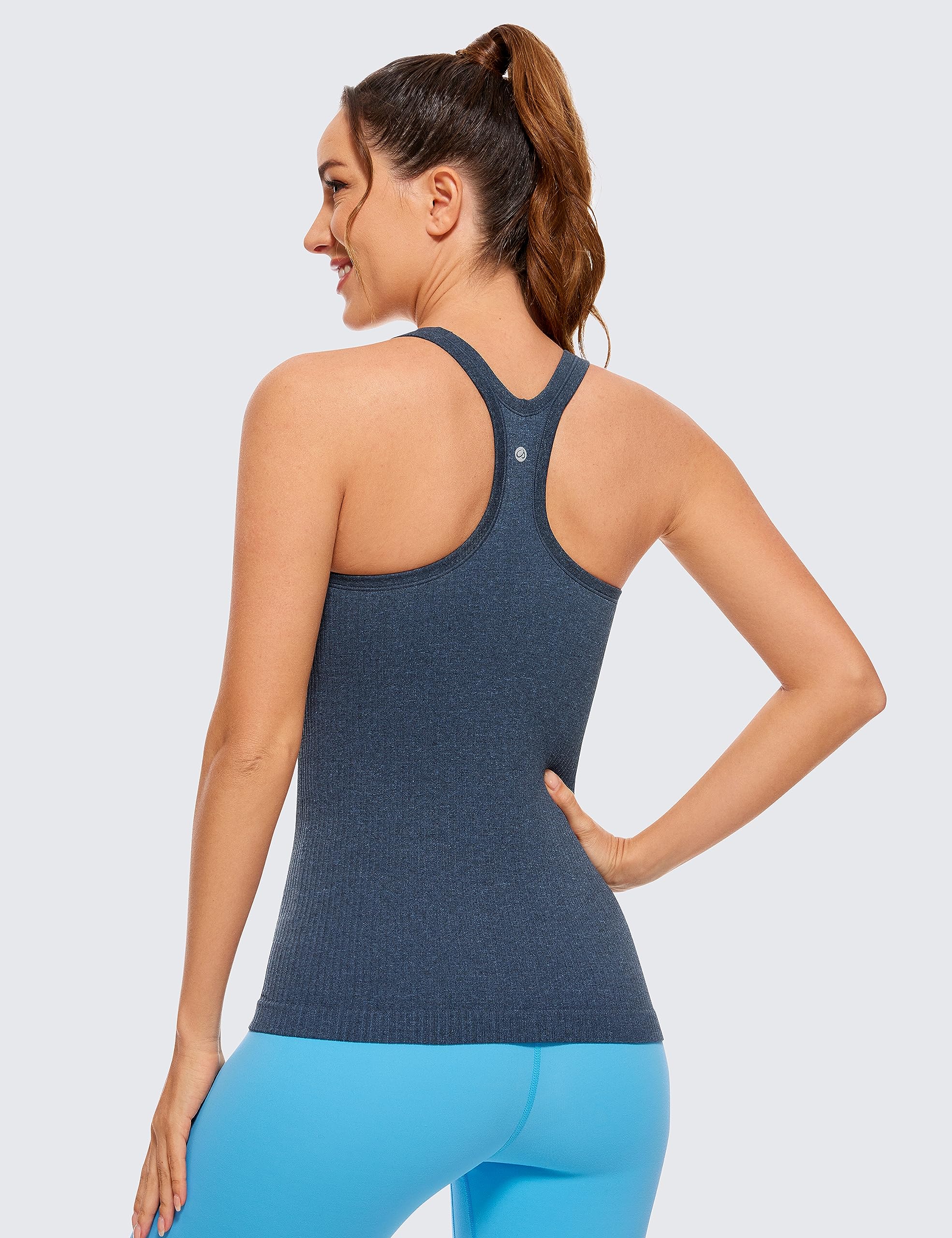 Womens Seamless Ribbed Racerback Tank Tops with Built in Bra - Padded Scoop Neck Slimming Athletic Long Camisole