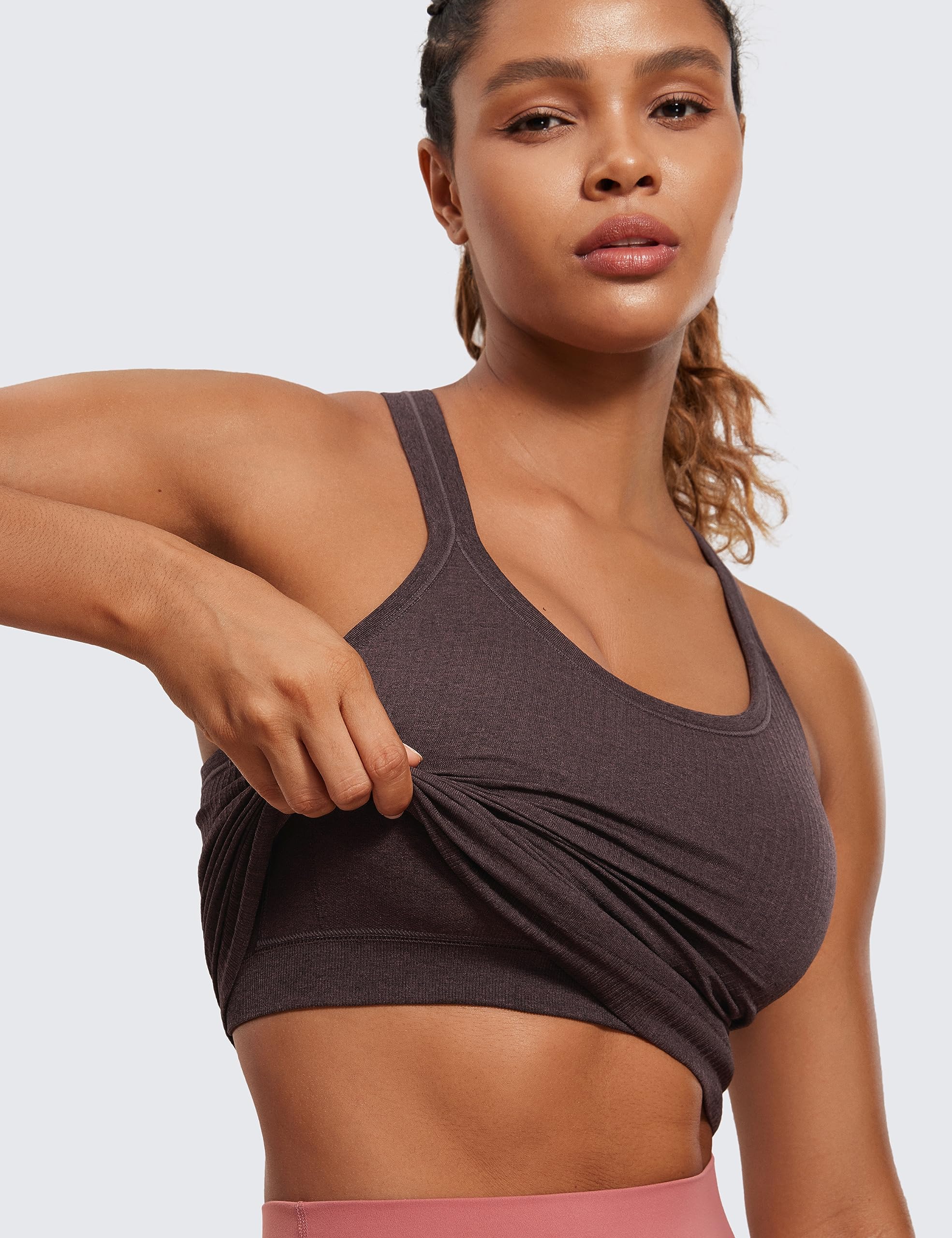 Womens Seamless Ribbed Racerback Tank Tops with Built in Bra - Padded Scoop Neck Slimming Athletic Long Camisole