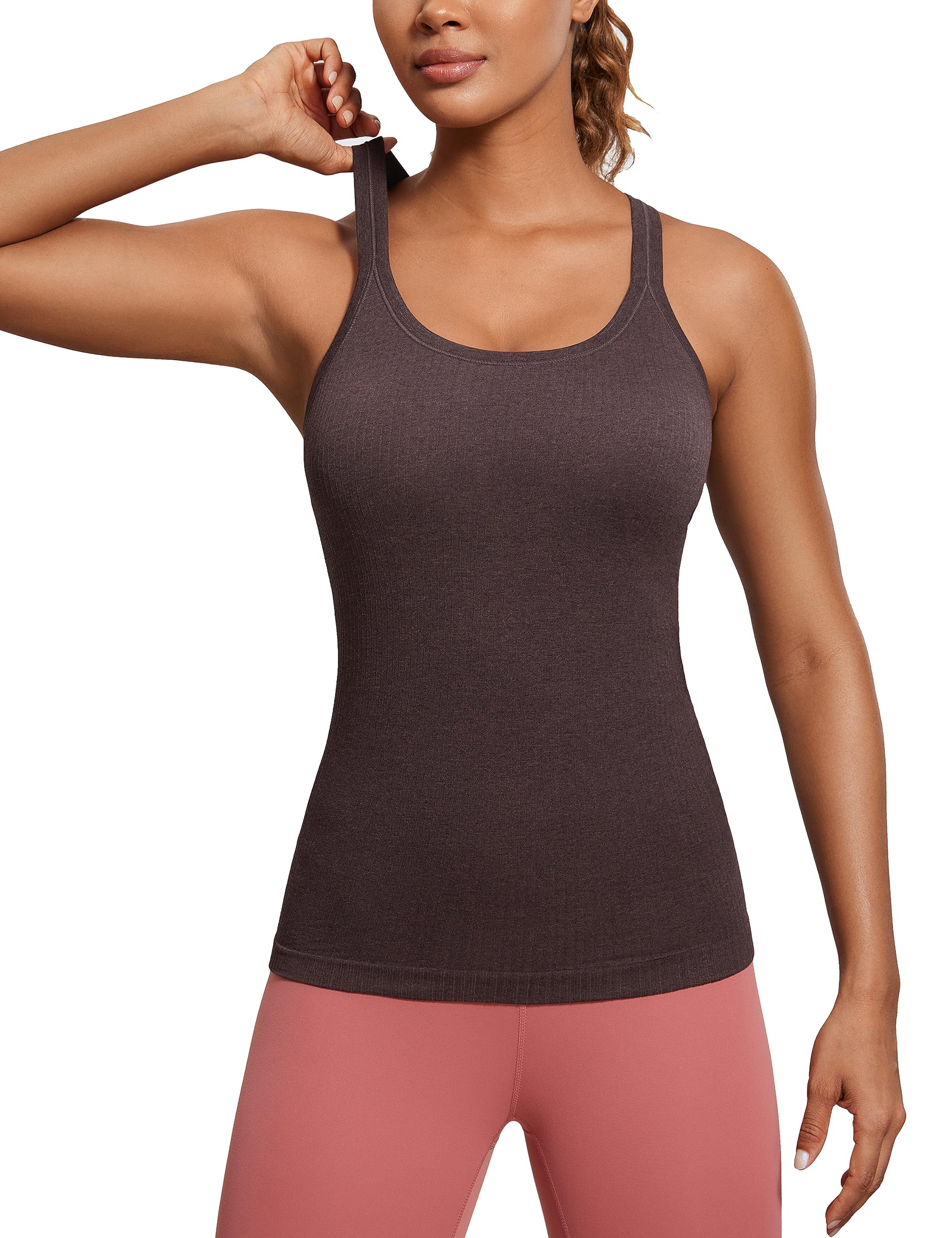 Womens Seamless Ribbed Racerback Tank Tops with Built in Bra - Padded Scoop Neck Slimming Athletic Long Camisole